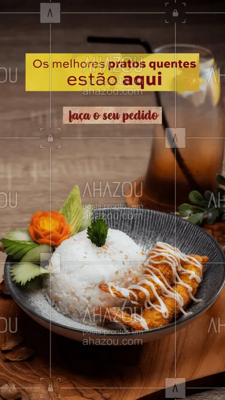 posts, legendas e frases de cozinha japonesa para whatsapp, instagram e facebook: Quem aqui ama pratos quentinhos? Venha pedir o seu favorito e aproveite os nossos temperos 😋 #ahazoutaste #pratosquentes #restaurantes #convites #comidajaponesa 