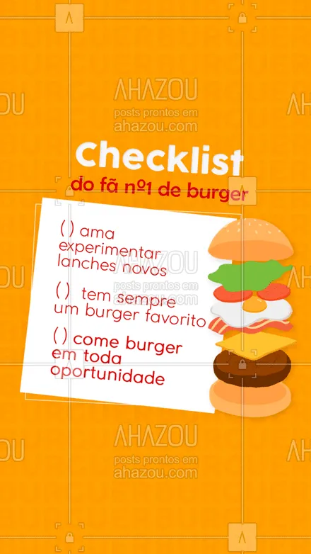 posts, legendas e frases de hamburguer para whatsapp, instagram e facebook: E aí, você gabaritou esse checklist, fã de burger? 🤩🍔
#ahazoutaste #artesanal  #burger  #burgerlovers  #hamburgueria  #hamburgueriaartesanal 
