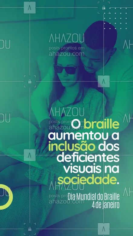 posts, legendas e frases de posts para todos para whatsapp, instagram e facebook: Hoje é dia de celebrarmos o braille e a inclusão. Feliz Dia Mundial do Braille!🦯💙 #diamundialdobraille #braille #deficiênciavisual #deficientesvisuais #ahazou #motivacional  