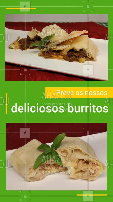 posts, legendas e frases de cozinha mexicana para whatsapp, instagram e facebook: Venha experimentar os nossos burritos, feitos com muito amor e carinho para te entregar um pouquinho da culinária mexicana! ?? 
#Burrito #CozinhaMexicana #ahazoutaste  #comidamexicana #vivamexico