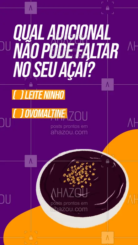 posts, legendas e frases de gelados & açaiteria para whatsapp, instagram e facebook: E aí fã de açaí, qual desses toppings não pode deixar de ir no seu? 🤔😋
#ahazoutaste #açaí #açaíteria #gelados #icecream