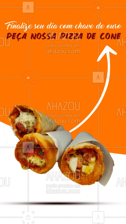 posts, legendas e frases de pizzaria para whatsapp, instagram e facebook: Depois de um dia tumultuado, nada melhor que uma comida deliciosa, não é mesmo? Então para fechar o seu dia com chave de ouro peça nossa pizza de cone e se delicie com todo esse sabor e qualidade. #pizza #pizzalife #pizzalovers #pizzaria #ahazoutaste #sabor #qualidade #opções #sabores #pizzadecone
