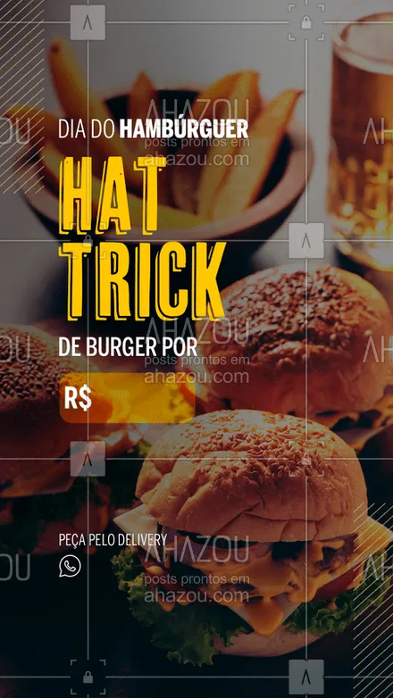 posts, legendas e frases de hamburguer para whatsapp, instagram e facebook: Hat trick: quando alguma coisa acontece 3 vezes, sucessivamente. 
Aqui, são 3 burgers por apenas R$ XX,XX!!! É hat trick de hambúrguer, meu amigo!
É para aproveitar o Dia do Hambúrguer no melhor estilo! 
Peça o seu agora mesmo pelo nosso delivery. 

#hambúrguer #promoção #DiaDoHambúrguer #ahazougastro #burger