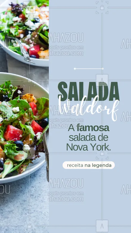 posts, legendas e frases de saudável & vegetariano para whatsapp, instagram e facebook: A salada Waldorf é um clássico de verão. Com ingredientes que trazem refrescância e leveza ao prato, é perfeita para os dias mais quentes. 
🥬Segue os ingredientes:
2 maçãs verdes
1 talo de salsão
¼ de xícara (chá) de nozes
2 limões
¼ de xícara (chá) de iogurte natural
¼ de xícara (chá) de maionese caseira
2 colheres (sopa) de azeite
sal e pimenta-do-reino moída na hora a gosto
folhas de salsa crespa para decorar
🥬Modo de preparo:
1. Lave e seque as maçãs, o talo de salsão e a salsa crespa.
2. Para o molho, em uma tigela pequena, misture o iogurte com a maionese, o azeite e o caldo de 1 limão. Tempere com sal e pimenta-do-reino a gosto. Reserve.
3. Corte as maçãs ao meio; tire as sementes e fatie cada metade em meias-luas finas, ou da maneira que achar melhor. Coloque-as em uma tigela e regue com o caldo do outro limão para evitar o escurecimento delas. Descarte as folhas, corte o talo do salsão em fatias finas e misture à maçã. Pique as nozes grosseiramente e reserve.
4. Montagem: no centro de cada prato disponha as fatias de maçã e salsão; regue com o molho e salpique com as nozes picadas e as folhas de salsa crespa. Sirva a seguir😀.
#saladaWaldorf #NY #receitas #ahazoutaste #crueltyfree  #fit   #vegetariano  #veggie 