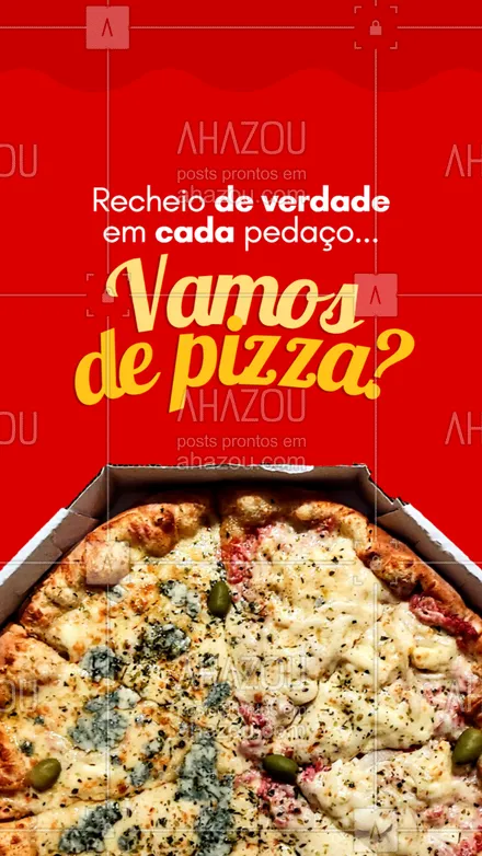 posts, legendas e frases de pizzaria para whatsapp, instagram e facebook: Hoje o dia bem que pede aquela pizza caprichada, não é? Aqui o que não falta é recheio, escolha o seu sabor predileto e faça o seu pedido! 🍕😋
#ahazoutaste #pizza  #pizzalife  #pizzalovers  #pizzaria 
