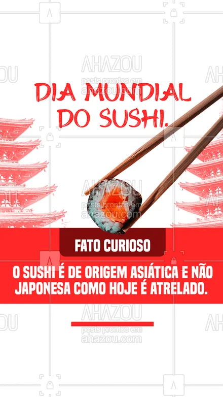 posts, legendas e frases de cozinha japonesa para whatsapp, instagram e facebook: Embora tenha recebido fama na cozinha japonesa, o sushi é de origem da cozinha asiática. Chocante não? #sushi #curiosidades #diamundiadosushi #ahazoutaste #japones #cozinhajaponesa