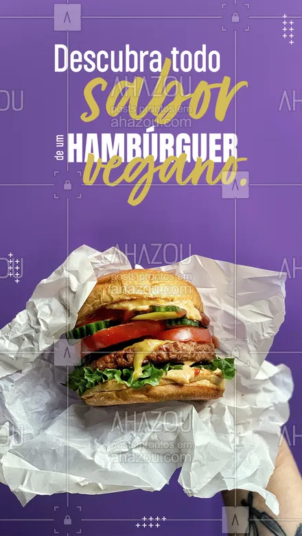 posts, legendas e frases de hamburguer para whatsapp, instagram e facebook: Que tal se aventurar em novos sabores? Nosso hambúrguer de soja é perfeito para isso, além de ser saboroso, ele é super saudável. Venha experiementar o seu. #ahazoutaste  #artesanal  #burger  #hamburgueria #vegano