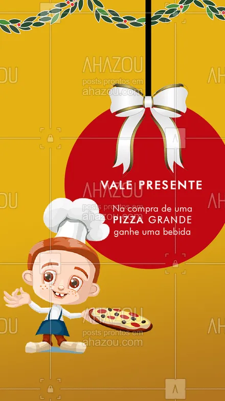 posts, legendas e frases de pizzaria para whatsapp, instagram e facebook: Trouxemos um presente especial para este mês. Na compra de qualquer PIZZA GRANDE ganhe uma bebida por conta da casa! Peça já a sua! #pizza #pizzaria #bandbeauty #promoção #promo #dezembro