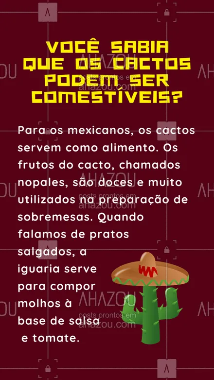 posts, legendas e frases de cozinha mexicana para whatsapp, instagram e facebook: Parece estranho falar em consumo de cacto, mas além de ser uma delícia, os nopales trazem muitos benefícios para quem é hipertenso e diabético, também é rico em vitaminas A, C e K e minerais, como cálcio e ferro. ??

 #ahazoutaste  #comidamexicana #cozinhamexicana #vivamexico #texmex #curiosidades #meixacanfood #cactos #nopales