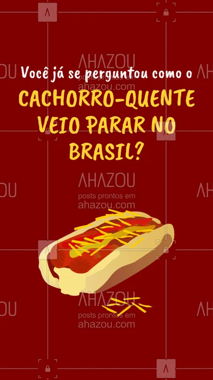 posts, legendas e frases de hot dog  para whatsapp, instagram e facebook: O sanduíche de salsicha que hoje conhecemos como cachorro-quente, ou hot-dog, chegou ao Brasil na década de 1920, com a inauguração da Cinelândia, no Rio de Janeiro. ?❤️ #ahazoutaste  #hotdog #hotdoglovers #hotdoggourmet #cachorroquente #food