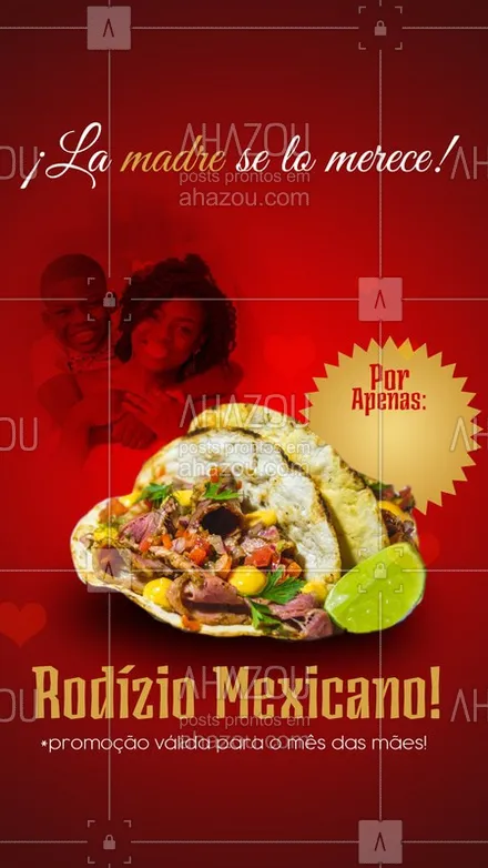 posts, legendas e frases de cozinha mexicana para whatsapp, instagram e facebook: Arriba! ?
Aproveite a promoção do mês das mães e traga ela para se deliciar com o nosso Rodízio Mexicano.
#diadasmaes #ahazou #tekmex #comidamexicana #mexicanfood #mesdasmaes