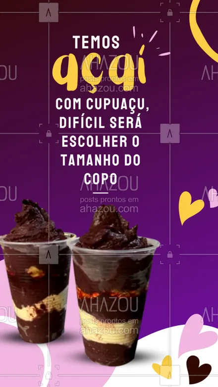 posts, legendas e frases de gelados & açaiteria para whatsapp, instagram e facebook: Hoje é dia de tomar um bom copo de açaí com cupuaçu, aproveite! 🥛😋 #ahazoutaste #açaí #açaíteria #cupuaçú #delivery