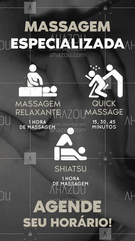 posts, legendas e frases de massoterapia para whatsapp, instagram e facebook: Agende já o horário da sua massagem com os nossos especialistas ??‍♂️ #massagem #massoterapia #ahazou #tratamentos #shiatsu #quickmassage #massagemrelaxante