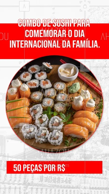 posts, legendas e frases de cozinha japonesa para whatsapp, instagram e facebook: Não deixe esta data passar em branco, peça já o combo de sushi e comemore do jeito que a sua família merece!
#Sushi #AhazouTaste #Gastronomia #Delivery #Entrega #CozinhaJaponesa #ComidaJaponesa #DiaDaFamília